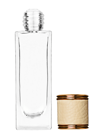 Sleek design 30 ml, 1oz  clear glass bottle  with reducer and ivory faux leather cap.