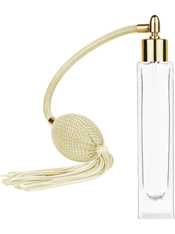 Sleek design 50 ml, 1.7oz  clear glass bottle  with Ivory vintage style bulb sprayer with tassel and shiny gold collar cap.