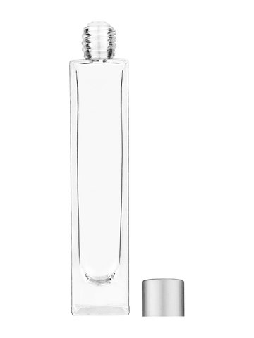 Sleek design 50 ml, 1.7oz  clear glass bottle  with reducer and silver matte cap.