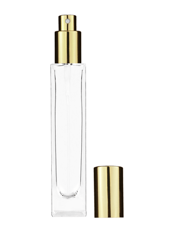 Sleek design 50 ml, 1.7oz  clear glass bottle  with shiny gold spray pump.