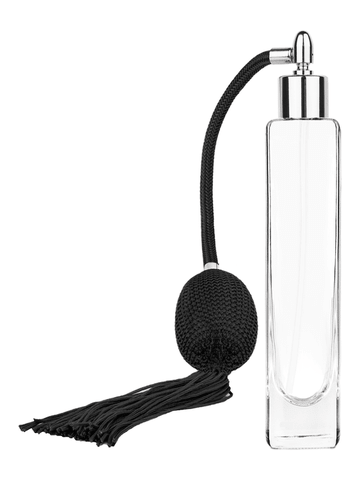 Slim design 100 ml, 3 1/2oz  clear glass bottle  with Black vintage style bulb sprayer with tassel with shiny silver collar cap.