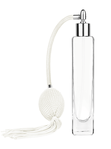 Slim design 100 ml, 3 1/2oz  clear glass bottle  with White vintage style bulb sprayer with tassel with shiny silver collar cap.