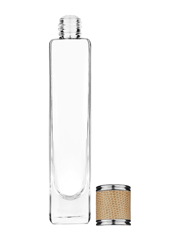 Slim design 100 ml, 3 1/2oz  clear glass bottle  with reducer and light brown faux leather cap.