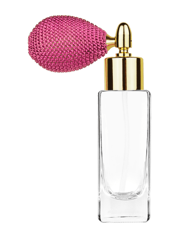 ***OUT OF STOCK***Slim design 30 ml, 1oz  clear glass bottle  with pink vintage style bulb sprayer with shiny gold collar cap.