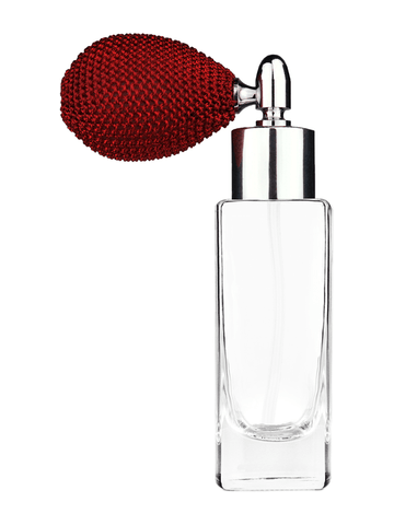 Slim design 30 ml, 1oz  clear glass bottle  with red vintage style bulb sprayer with shiny silver collar cap.