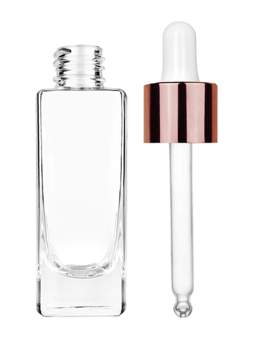 Slim design 30 ml, 1oz  clear glass bottle  with white dropper with shiny copper collar cap.