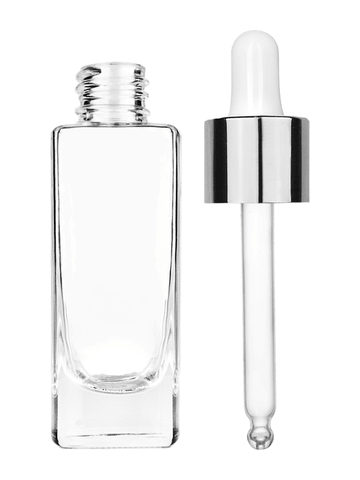 Slim design 30 ml, 1oz  clear glass bottle  with white dropper with shiny silver collar cap.