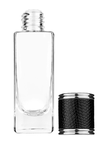 Slim design 30 ml, 1oz  clear glass bottle  with reducer and black faux leather cap.