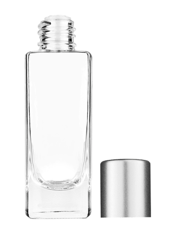 Slim design 30 ml, 1oz  clear glass bottle  with reducer and tall silver matte cap.