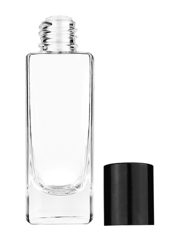 Slim design 30 ml, 1oz  clear glass bottle  with reducer and tall black shiny cap.