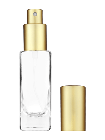 Slim design 30 ml, 1oz  clear glass bottle  with matte gold spray pump.