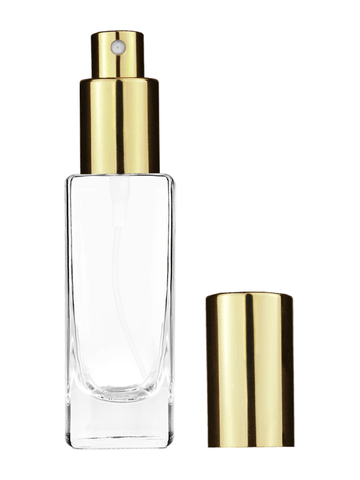 Slim design 30 ml, 1oz  clear glass bottle  with shiny gold spray pump.