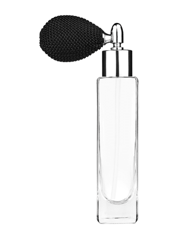 Slim design 50 ml, 1.7oz  clear glass bottle  with black vintage style bulb sprayer with shiny silver collar cap.