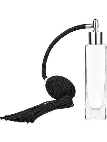 Slim design 50 ml, 1.7oz  clear glass bottle  with Black vintage style bulb sprayer with tasseland shiny silver collar cap.