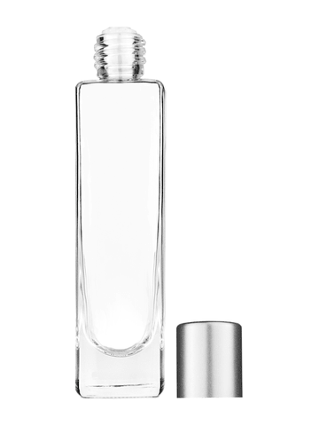 Slim design 50 ml, 1.7oz  clear glass bottle  with reducer and tall silver matte cap.