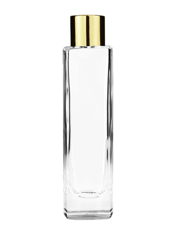 Slim design 50 ml, 1.7oz  clear glass bottle  with reducer and shiny gold cap.