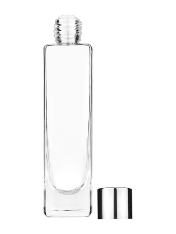 Slim design 50 ml, 1.7oz  clear glass bottle  with reducer and shiny silver cap.