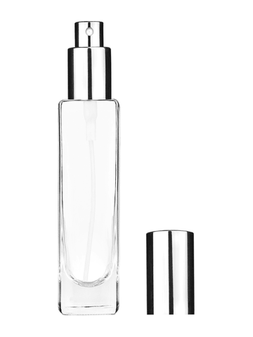 Slim design 50 ml, 1.7oz  clear glass bottle  with shiny silver spray pump.