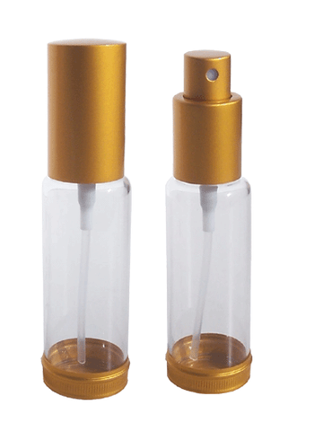 Clear Glass Spray Bottle with Gold Top and Base. Capacity: 1oz (30ml)