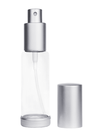 Clear Glass Spray Bottle with Silver Top and Base. Capacity: 1oz (30ml)