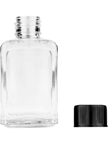 Square design 15ml, 1/2oz Clear glass bottle with short black cap.