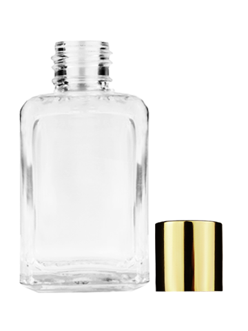 Empty Clear glass bottle with short shiny gold cap capacity: 15ml, 1/2oz. For use with perfume or fragrance oil, essential oils, aromatic oils and aromatherapy.