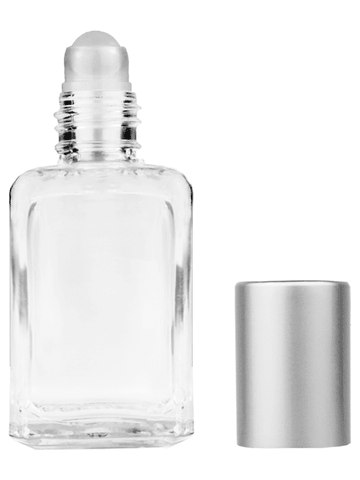Square design 15ml, 1/2oz Clear glass bottle with plastic roller ball plug and matte silver cap.