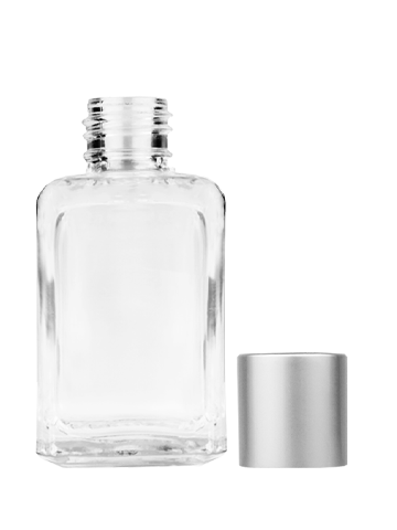 Empty Clear glass bottle with matte silver cap capacity: 15ml, 1/2oz. For use with perfume or fragrance oil, essential oils, aromatic oils and aromatherapy.
