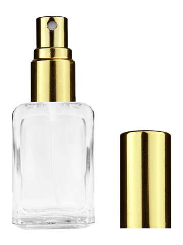 Square design 15ml, 1/2oz Clear glass bottle with shiny gold spray.