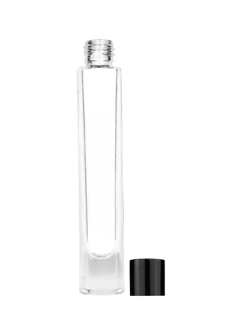 Empty Clear glass bottle with short shiny black cap capacity: 9ml, 1/3oz. For use with perfume or fragrance oil, essential oils, aromatic oils and aromatherapy.