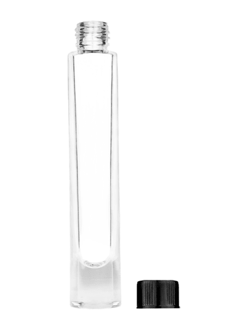Tall cylinder design 9ml, 1/3oz Clear glass bottle with short black cap.