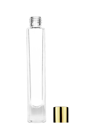 Empty Clear glass bottle with short shiny gold cap capacity: 9ml, 1/3oz. For use with perfume or fragrance oil, essential oils, aromatic oils and aromatherapy.