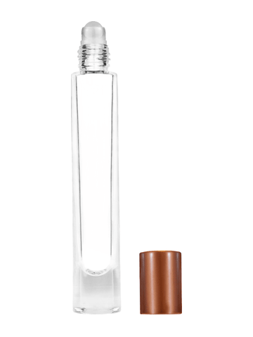 Tall cylinder design 9ml, 1/3oz Clear glass bottle with plastic roller ball plug and matte copper cap.