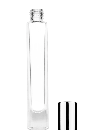 Tall cylinder design 9ml, 1/3oz Clear glass bottle with shiny silver cap.