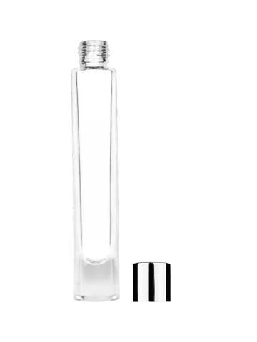 Empty Clear glass bottle with short shiny silver cap capacity: 9ml, 1/3oz. For use with perfume or fragrance oil, essential oils, aromatic oils and aromatherapy.