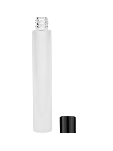 Empty frosted glass bottle with short shiny black cap capacity: 9ml, 1/3oz. For use with perfume or fragrance oil, essential oils, aromatic oils and aromatherapy.
