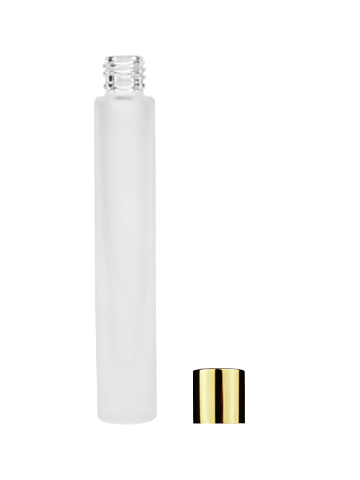 Empty frosted glass bottle with short shiny gold cap capacity: 9ml, 1/3oz. For use with perfume or fragrance oil, essential oils, aromatic oils and aromatherapy.