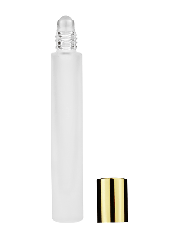 Tall cylinder design 9ml, 1/3oz frosted glass bottle with plastic roller ball plug and shiny gold cap.