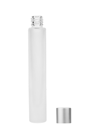 Empty frosted glass bottle with short matte silver cap capacity: 9ml, 1/3oz. For use with perfume or fragrance oil, essential oils, aromatic oils and aromatherapy.