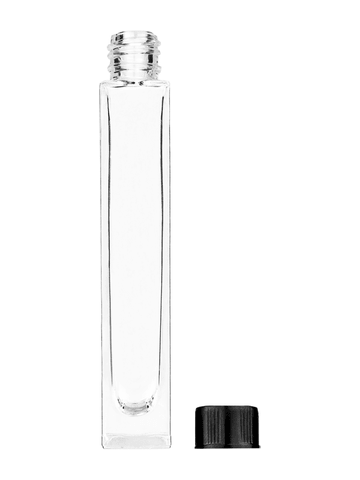 Tall rectangular design 10ml, 1/3oz Clear glass bottle with short black cap.