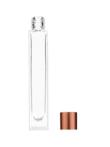 Empty Clear glass bottle with short matte copper cap capacity: 10ml, 1/3oz. For use with perfume or fragrance oil, essential oils, aromatic oils and aromatherapy.