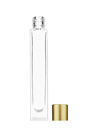 Empty Clear glass bottle with short matte gold cap capacity: 10ml, 1/3oz. For use with perfume or fragrance oil, essential oils, aromatic oils and aromatherapy.