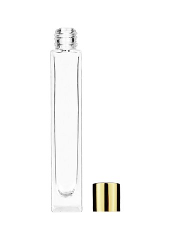 Empty Clear glass bottle with short shiny gold cap capacity: 10ml, 1/3oz. For use with perfume or fragrance oil, essential oils, aromatic oils and aromatherapy.