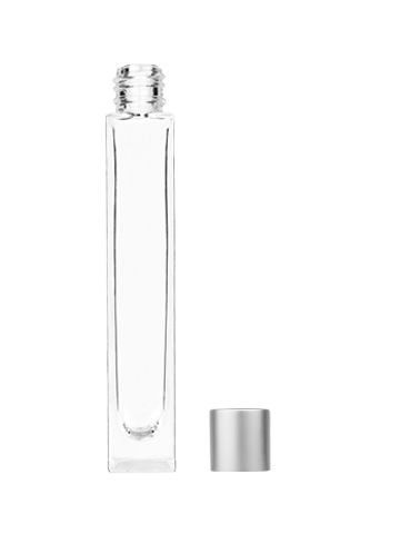 Empty Clear glass bottle with short matte silver cap capacity: 10ml, 1/3oz. For use with perfume or fragrance oil, essential oils, aromatic oils and aromatherapy.