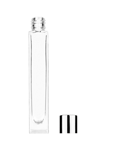 Empty Clear glass bottle with short shiny silver cap capacity: 10ml, 1/3oz. For use with perfume or fragrance oil, essential oils, aromatic oils and aromatherapy.