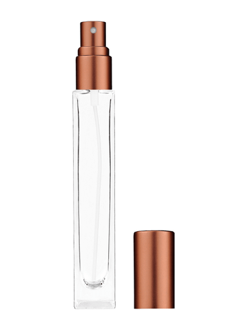 Tall rectangular design 10ml, 1/3oz Clear glass bottle with matte copper spray.