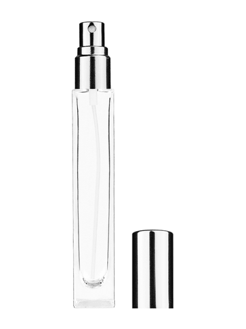 Tall rectangular design 10ml, 1/3oz Clear glass bottle with shiny silver spray.