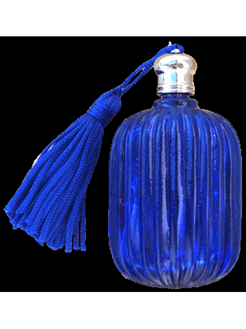 Fluted Pillow shaped Blue glass perfume bottle with Blue tasseled Silver cap. Capacity: 9ml(1/3oz)