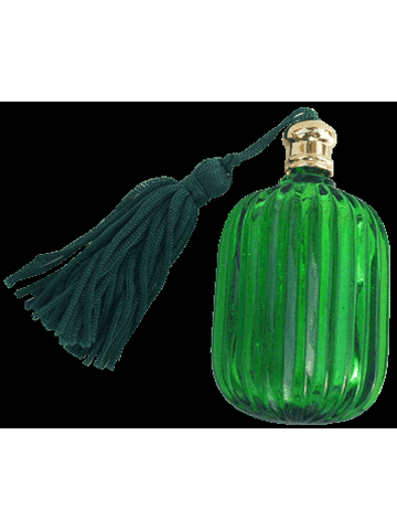 Fluted Pillow shaped green glass perfume bottle with Green tasseled Gold cap. Capa