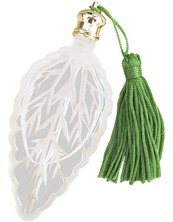 Narrow leaf shaped design bottle Green tasseled Gold cap. Capacity : 7ml (1/4oz)